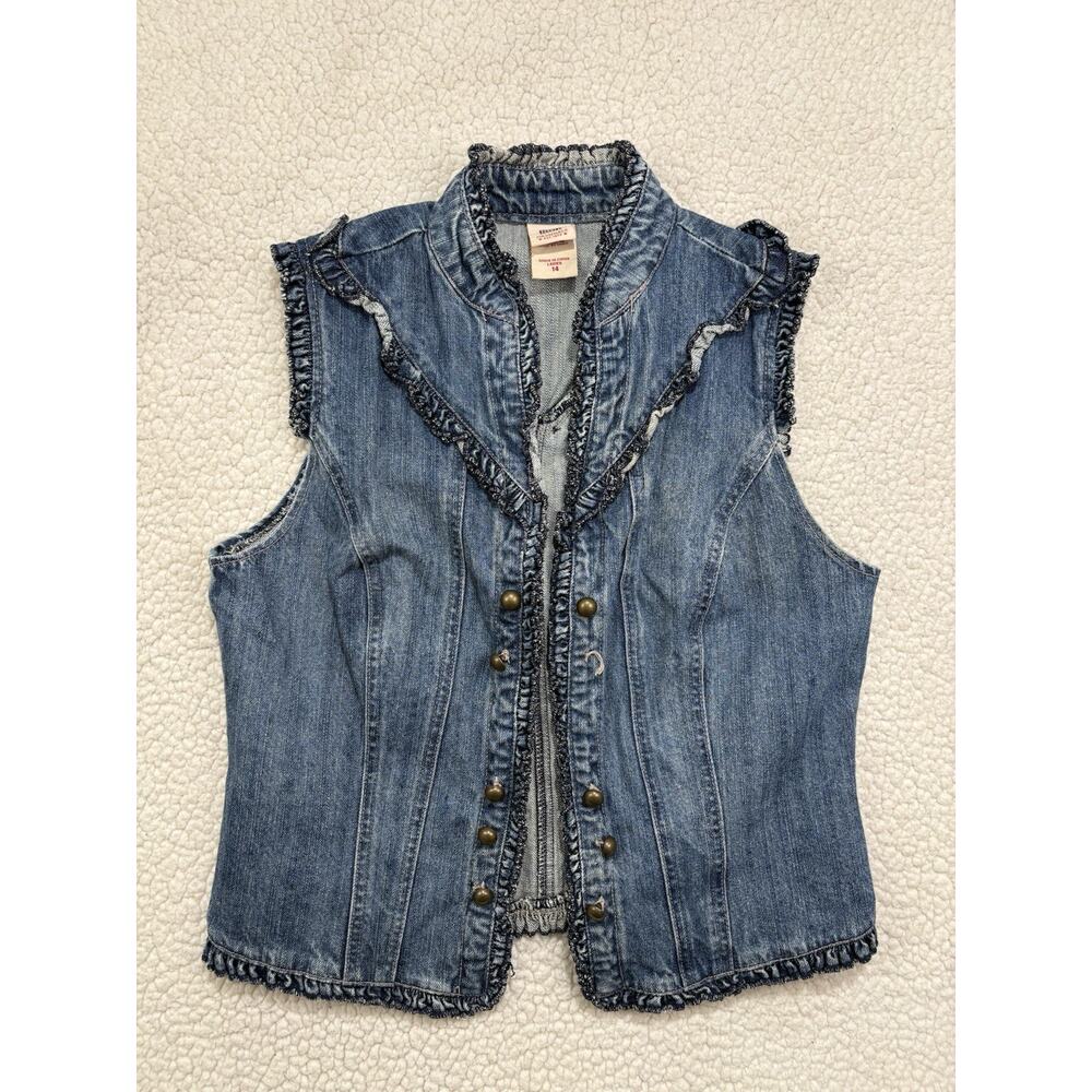 Vintage Faded Glory‎ Denim Vest Top Sz 14 Button Western Y2K Victorian Ruffle